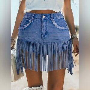 Oyrosy Vintage Washed Raw Edge Tassel Light Blue Denim Culottes NWT